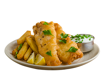 Di Giorgio’s crispy fish and chips with sauce and lemon.
