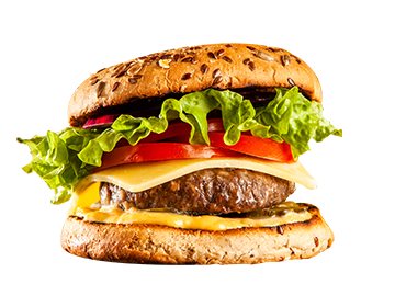 Di Giorgio's beef patty with melted cheese, tomato, lettuce, and onions on a seeded bun.